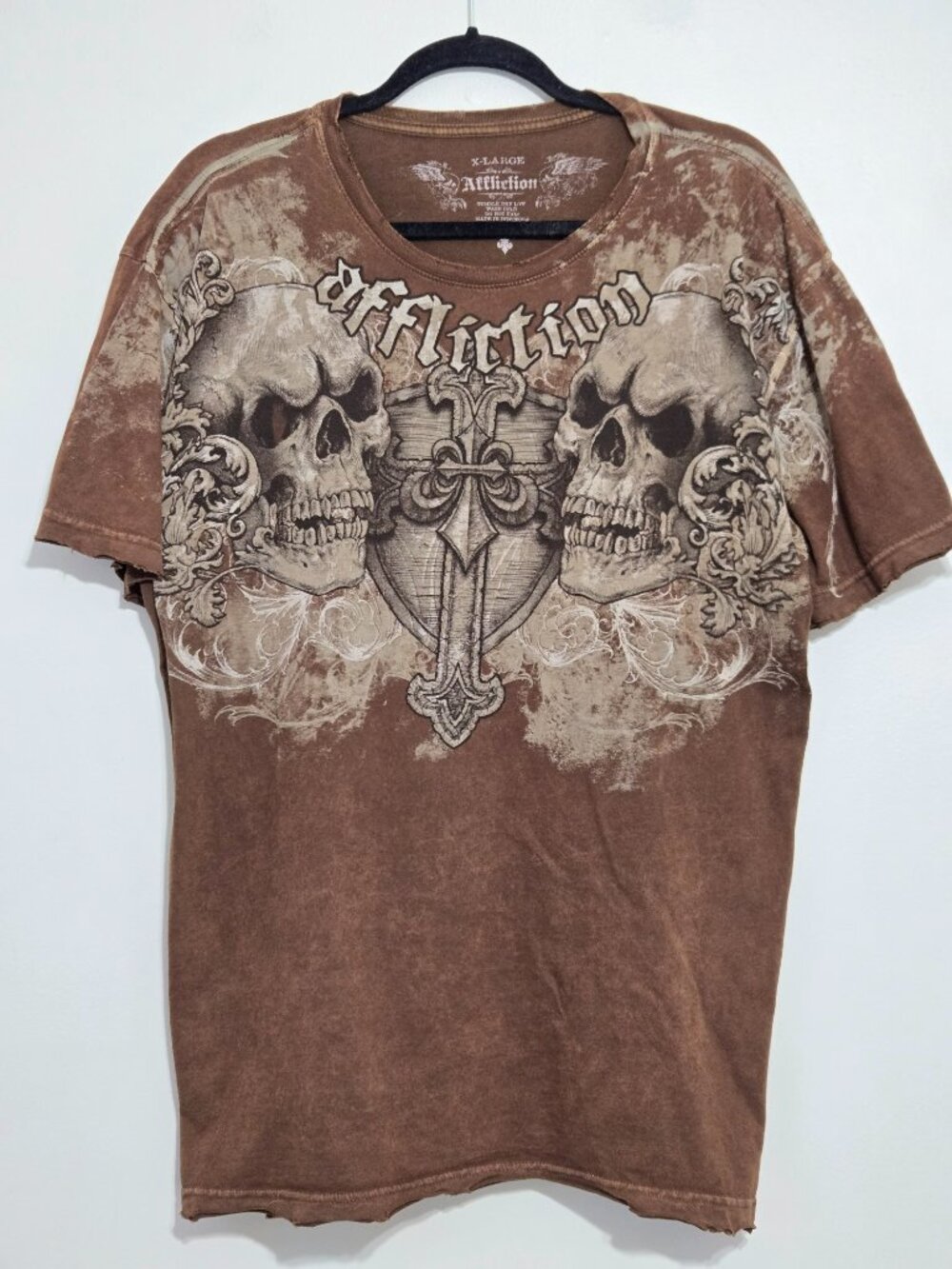 Y2K Affliction Double Skull Cross Graphic Tee Brown XL Cyber Grunge Gothic